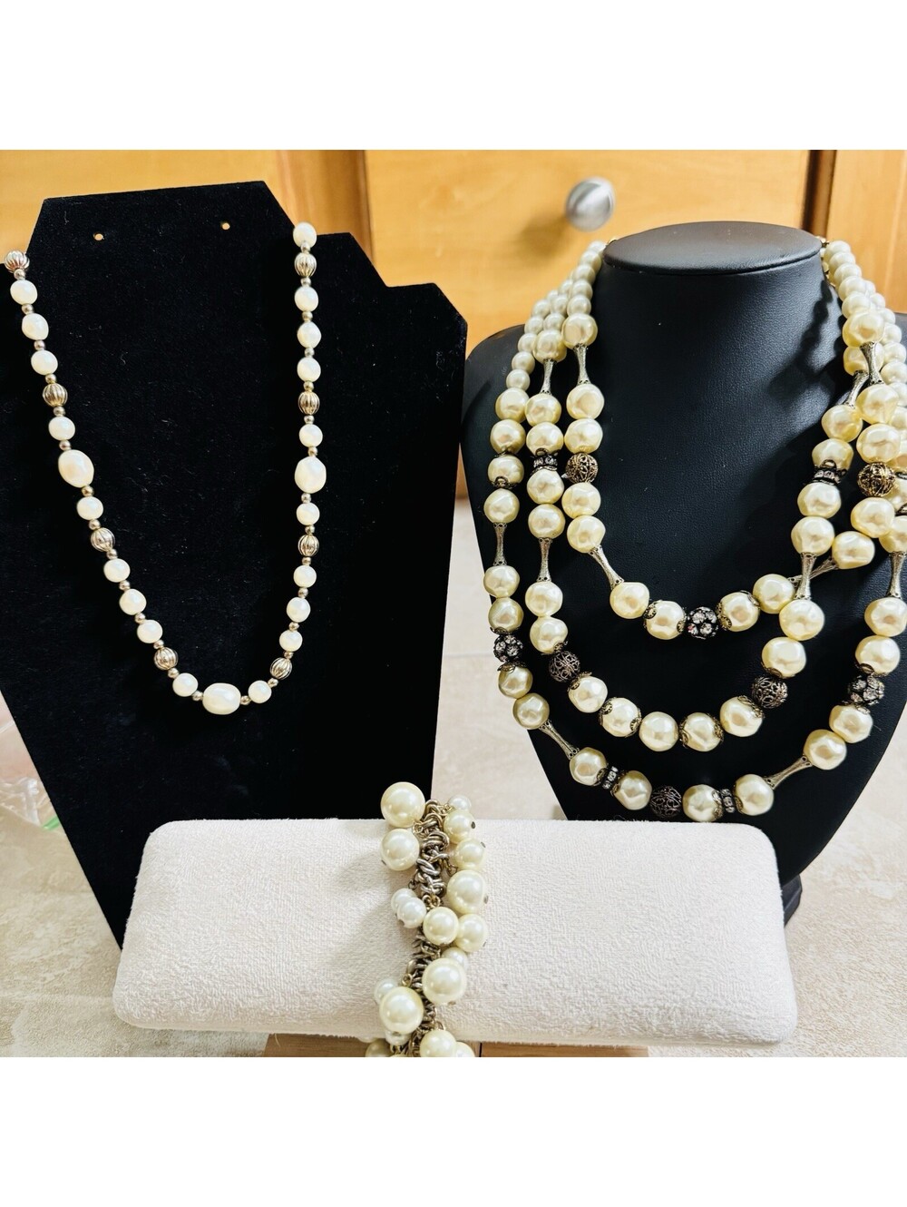 1950s Hollywood Glam 3 Pc Faux Pearl Lot-  2 Necklaces & Chunky Cluster Bracelet